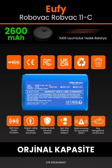robo-mi Eufy Robovac 11C 2600mAh Robot Süpürge Bataryası - Gerçek Kapasite, Maksimum Güvenlik - 3
