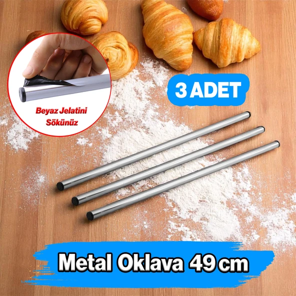 (3 Adet) Alüminyum Silindir Yuvarlak Metal Oklava 49 cm Mutfak Börek Hamur Un Yufka Açma Krom Renk