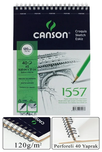 Telli Eskiz Defteri Canson 1557 A5 Spiralli 40 Yaprak 1 Adet 120 gr 148x210 mm Üstten Açılmalı Karakalem Sketch Book ürün görseli