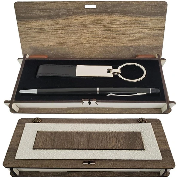 Ahşap Kutulu Siyah Anahtarlık Kalem Set Dekoratif Hediyelik ürün görseli 1