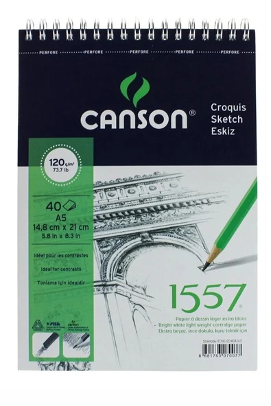 Telli Eskiz Defteri Canson 1557 A5 Spiralli 40 Yaprak 1 Adet 120 gr 148x210 mm Üstten Açılmalı Karakalem Sketch Book - Resim 2