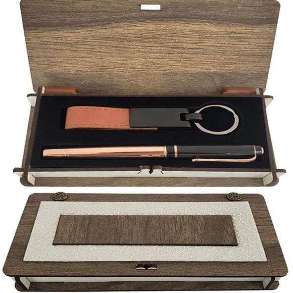 Ahşap Kutulu Set Bakır Roller Kalem Anahtarlık Hediyelik - 1