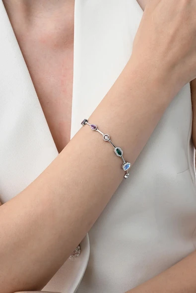 Gümüş rodyumlu asimetrik kesim renkli zirkon taşlı bileklik  SGTL12865RODAJ ürün görseli
