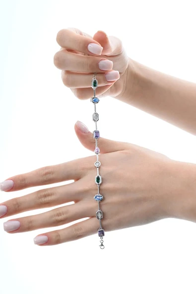 Gümüş rodyumlu asimetrik kesim renkli zirkon taşlı bileklik  SGTL12865RODAJ - Resim 2