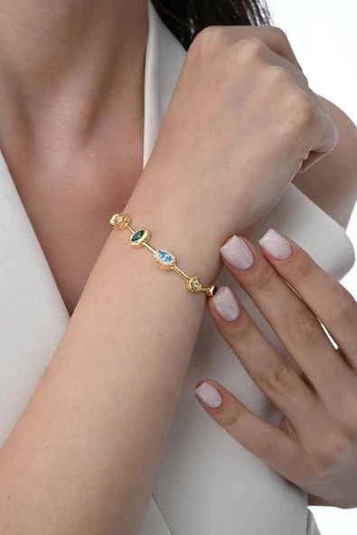 Gümüş altın yaldızlı asimetrik kesim renkli zirkon taşlı bileklik  SGTL12865GOLD ürün görseli