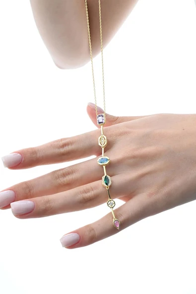 Gümüş altın yaldızlı asimetrik kesim renkli zirkon taşlı Y kolye SGTL12866GOLD - Resim 2