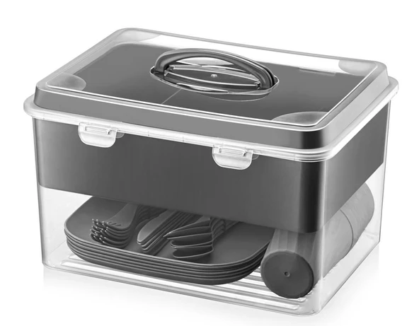 33 Parça 6 Kişilik Gri Renkli Organizerli Taşıma Kutulu Piknik Seti - Resim 3