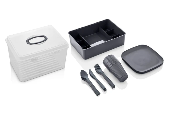 33 Parça 6 Kişilik Gri Renkli Organizerli Taşıma Kutulu Piknik Seti - Resim 2