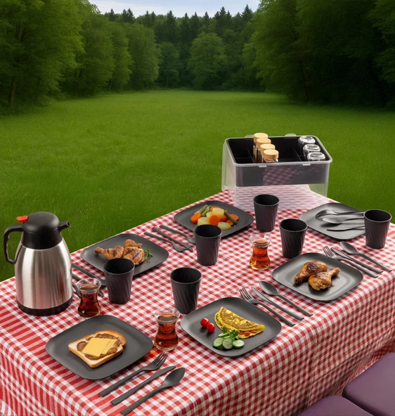 33 Parça 6 Kişilik Gri Renkli Organizerli Taşıma Kutulu Piknik Seti ürün görseli