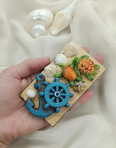 Magnet Çapa Kaplumbağa Deniz Kabuğu Ahşap Mıknatıslı Magnet Buzdolabı Süsü - 2