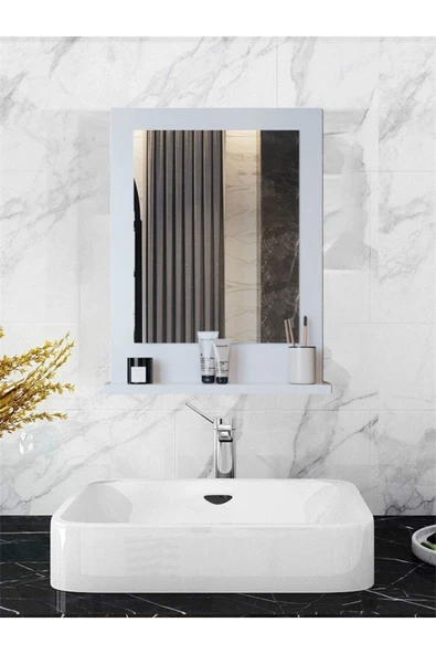 Safir Stil 60X45 Beyaz Raflı Banyo Aynası
