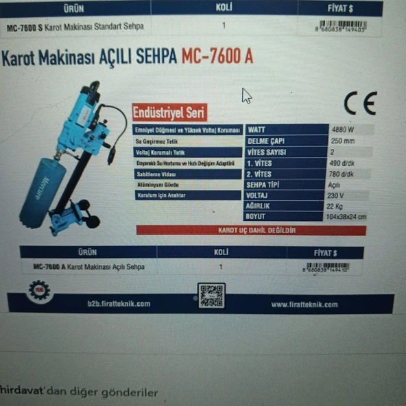 Mercure Endüstriyel Karot Makinası Açılı Sehpa MC-7600 A