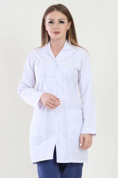 Moda Canel Uzun Boy Mono Yaka Beyaz Bayan Önlük