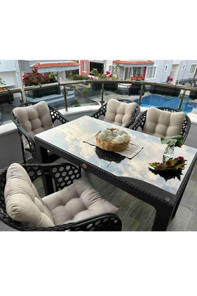ZİYNET HOME Lotus Pofidik Arkalıklı Bej Sandalye Minderi 4 Adet Özel Dikişli Bağcıklı 43x88 Cm - 3