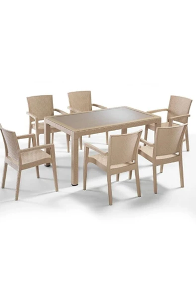ZİYNET HOME 6 Adet Victor Koltuk Rattan Bahçe Balkon Masa Takımı 6 Kişilik 90x150cm Camlı Set Pro 1. Kalite