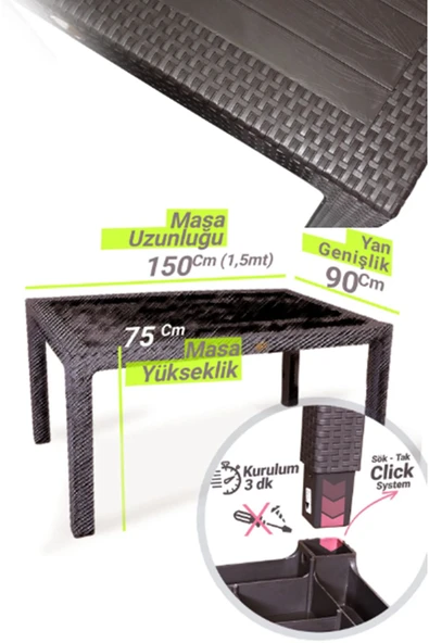 ZİYNET HOME Rattan Masa 90x150 Camsız Masa - Bahçe balkon teras 1. Kalite Büyük Boy - 11