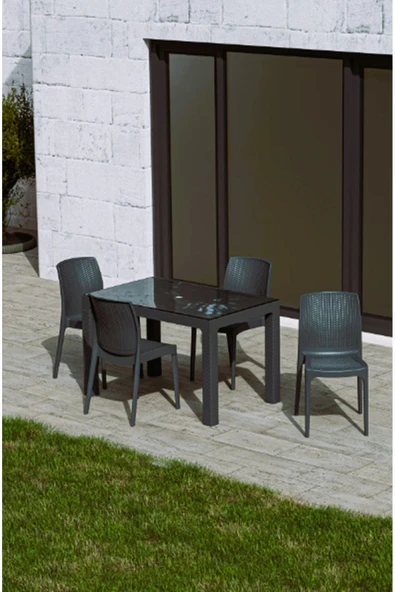 ZİYNET HOME 4 Kişilik 70x120 cm Rattan Masa Takımı Camlı  Kolsuz Sandalye Bahçe Teras Takımı Oturma Grubu - 4