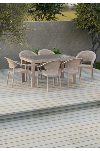 ZİYNET HOME 90x150 Rattan Bej Camlı Bahçe Ve Teras Masa Sandalye Takımı 6 Adet 1. Kalite Bambu Pro Sandalye ürün görseli