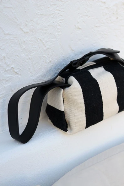 Moom Bag Kadın Siyah Çizgi Desenli Kanvas Omuz Çantası - Resim 3