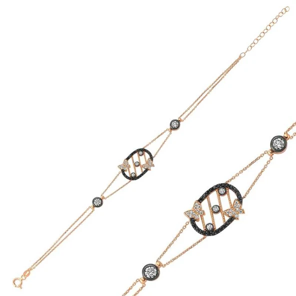 925 Ayar Gümüş Rose Taşlı Kelebek Bileklik - Resim 2