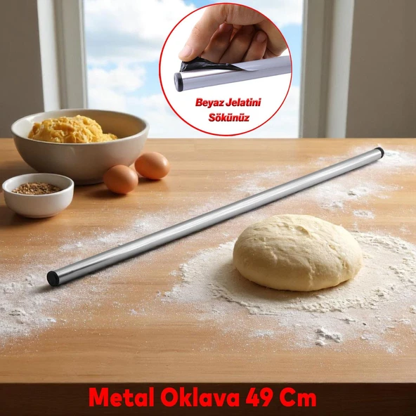 Yuvarlak Silindir Alüminyum Metal Oklava Tekli 49 cm Mutfak Börek Hamur Un Yufka Açma Krom Renk
