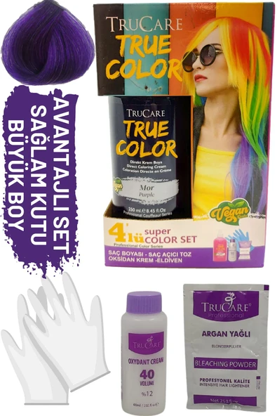 Truecolor Mor Saç Boyası Seti Saç Açıcı ve Eldivenli - 1