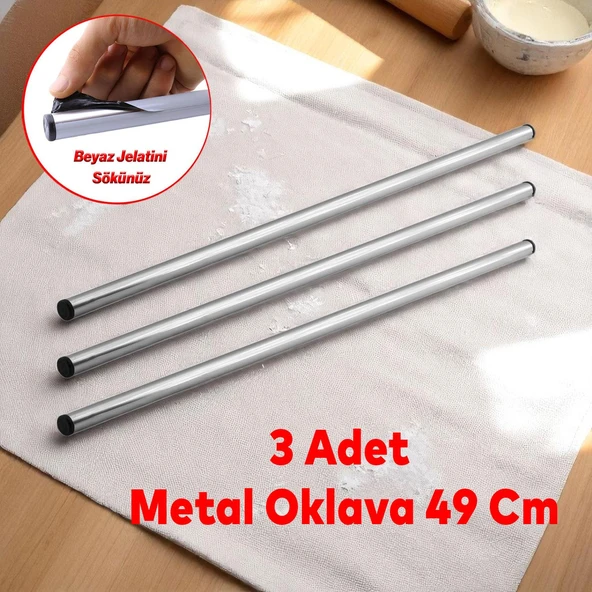 Yuvarlak Silindir Alüminyum Metal Oklava 49 cm Mutfak Börek Hamur Un Yufka Açma Krom Renk (3 Adet)