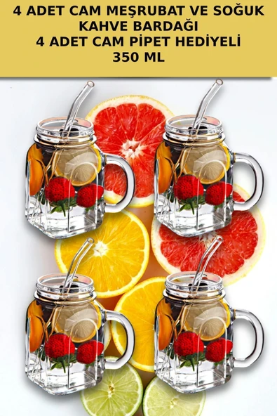 4'lü Kavanoz Bardak Pipet Hediyeli Set Model Kokteyl Soğuk Kahve Meşrubat Bardak Seti 350 ml