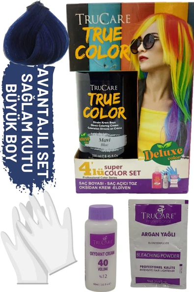 Truecolor Mavi Saç Boyası Seti Saç Açıcı ve Eldivenli