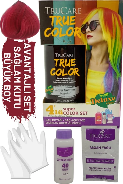 Truecolor Koyu Kırmızı Saç Boyası Seti Saç Açıcı ve Eldivenli
