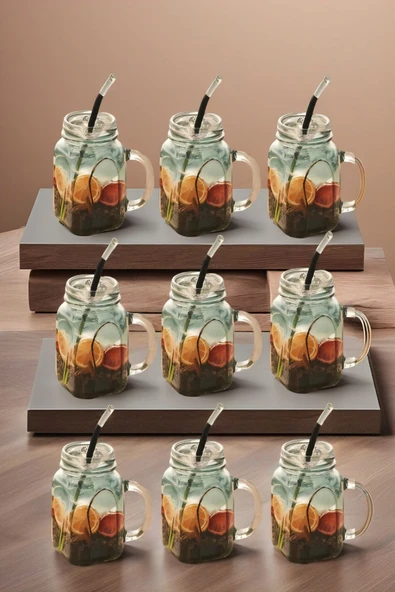 9'lu Kavanoz Bardak 9'lu Pipet Hediyeli Set Model Kokteyl Soğuk Kahve Meşrubat Bardak Seti 350 ml - 3