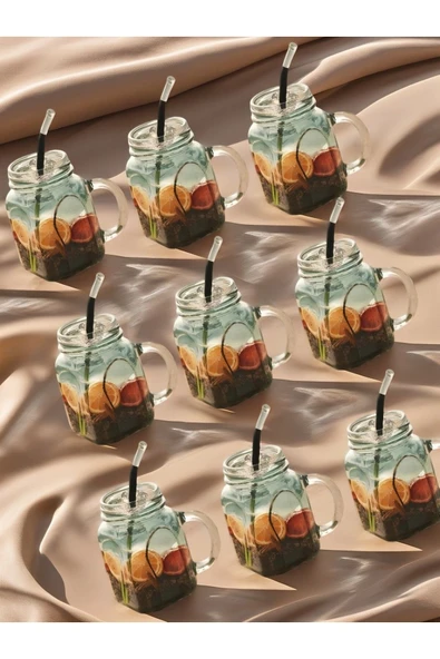 9'lu Kavanoz Bardak 9'lu Pipet Hediyeli Set Model Kokteyl Soğuk Kahve Meşrubat Bardak Seti 350 ml - 7