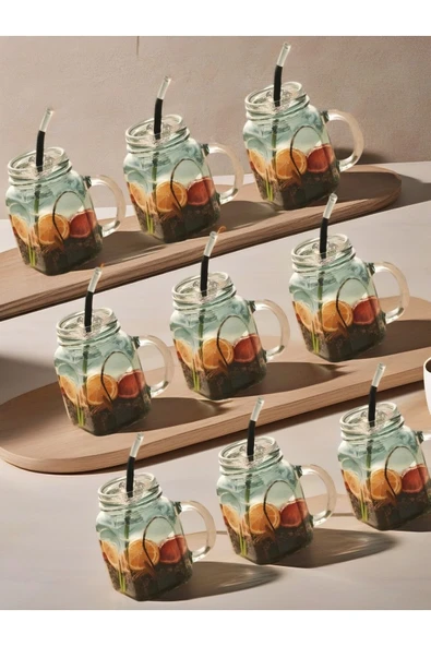 9'lu Kavanoz Bardak 9'lu Pipet Hediyeli Set Model Kokteyl Soğuk Kahve Meşrubat Bardak Seti 350 ml - 6