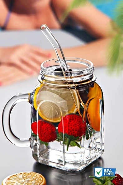 4'lü Kavanoz Bardak Pipet Hediyeli Set Model Kokteyl Soğuk Kahve Meşrubat Bardak Seti 350 ml - 3