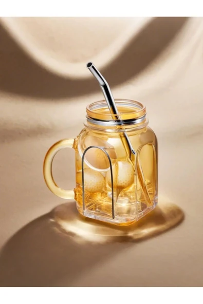 4'lü Kavanoz Bardak Pipet Hediyeli Set Model Kokteyl Soğuk Kahve Meşrubat Bardak Seti 350 ml - 6