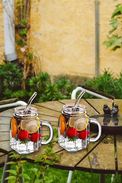 4'lü Kavanoz Bardak Pipet Hediyeli Set Model Kokteyl Soğuk Kahve Meşrubat Bardak Seti 350 ml - 5