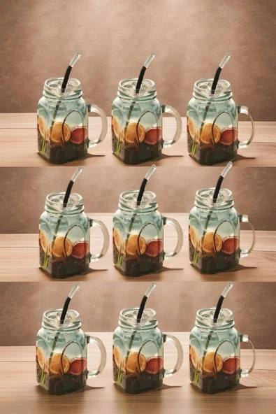 9'lu Kavanoz Bardak 9'lu Pipet Hediyeli Set Model Kokteyl Soğuk Kahve Meşrubat Bardak Seti 350 ml - 2