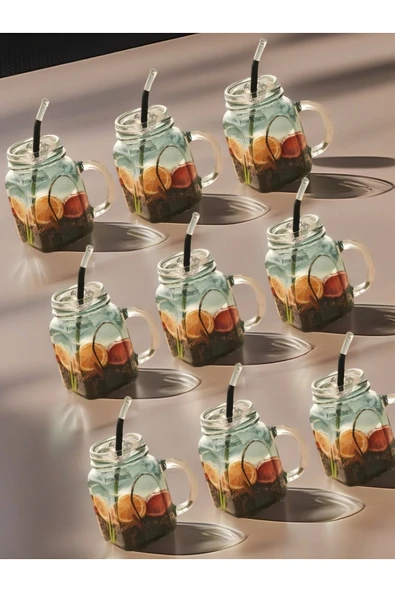 9'lu Kavanoz Bardak 9'lu Pipet Hediyeli Set Model Kokteyl Soğuk Kahve Meşrubat Bardak Seti 350 ml - 5