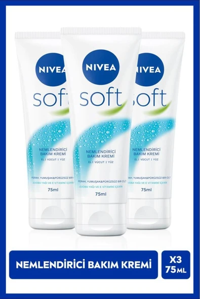 Soft Nemlendirici Bakım Kremi 75ml, Jojoba Yağı, E Vitamini, Yüz Vücut El, Yumuşak Cilt, X3 Adet