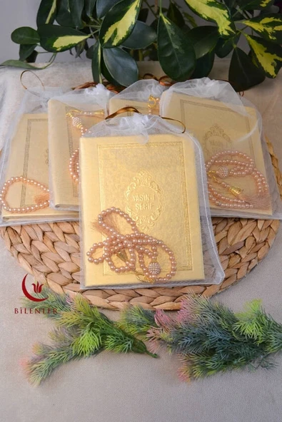 Tül Keseli İnci Tesbihli Yasin Kitabı Çanta Boy Termo Deri Kaplı Gold 5 Adet – Arapça, Türkçe Okunuşlu ve Mealli – 128 Sayfa  Hac Umre ve Mevlit Hediyeliği - Resim 2