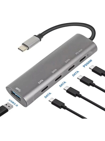 TYPE C TO USB-C ÇOKLAYICI 60W ŞARJ ADAPTÖRÜ USB 3.0 5 İN 1 PD ÇOKLAYICI ÇEVİRİCİ - Resim 5