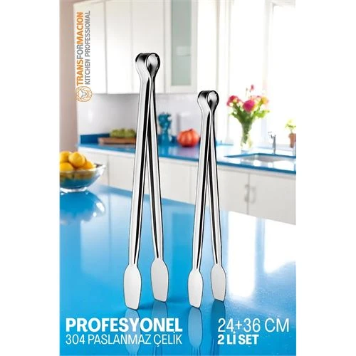 Modacar 2 Boy Mutfak Maşası - Mangal Barbekü Maşası - Izgara Maşası Tava Maşası Çelik 18 ve 36 Cm