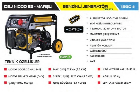 DATSU DBJ14000E3 TRİFAZE BENZİNLİ JENERATÖR