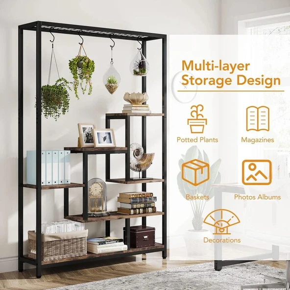 Metal Ahşap Çiçeklik Rafı, Metal Kitaplık, Ev Dekorasyon Rafı, Mutfak Rafı, Doğal Ahşap Raf - 5