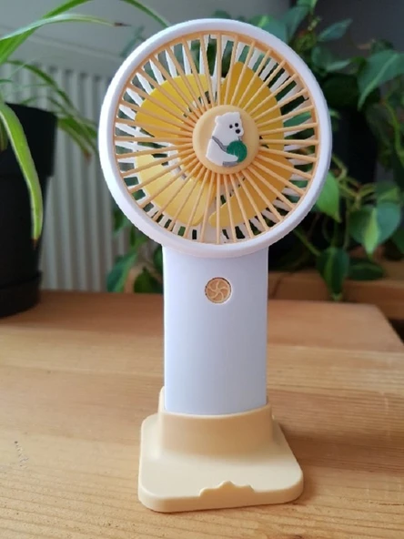 Şarjli Mini El Fanı Masa Fanı Soğutucu Masa Üstü Vantilatör Usb Stantlı Cep Telefonu Tutucu Sarı - 3