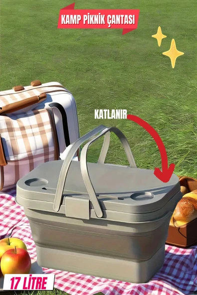 17 Litre Gri Katlanır  Piknik Kamp Çantası Sepeti