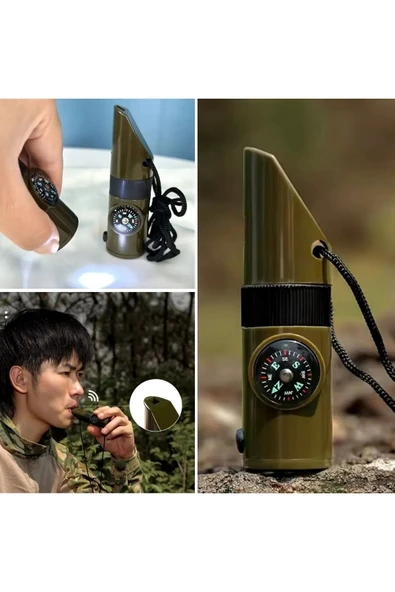 7si 1arada Acil Durum Düdüğü,El Feneri, Termometre,Pusula,Büyüteç,Depolama Bölmeli Kampçı - 3