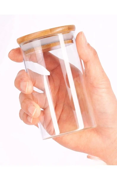 6'lı Cam Vakumlu Bambu Kapaklı Borosilikat Baharatlık, Saklama Kabı, Çerezlik (200 ml) - 6