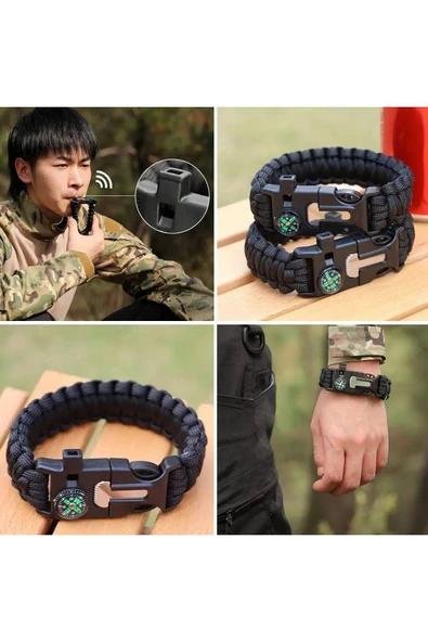 5'i 1 Arada Çok Fonksiyonlu Hayatta Kalma Bilekliği Pusula, Düdük, Çakmak Taşı ve Şemsiye İp - 2