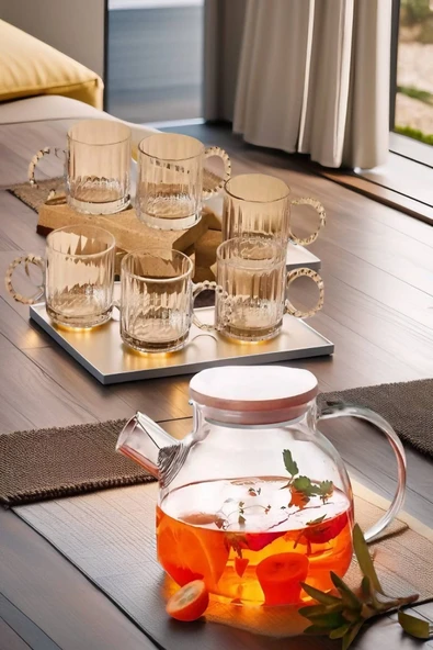 6 Kişilik Set Takım 1 Adet Cam Demlik - 6 Fincan Takım - Model 3 - 2